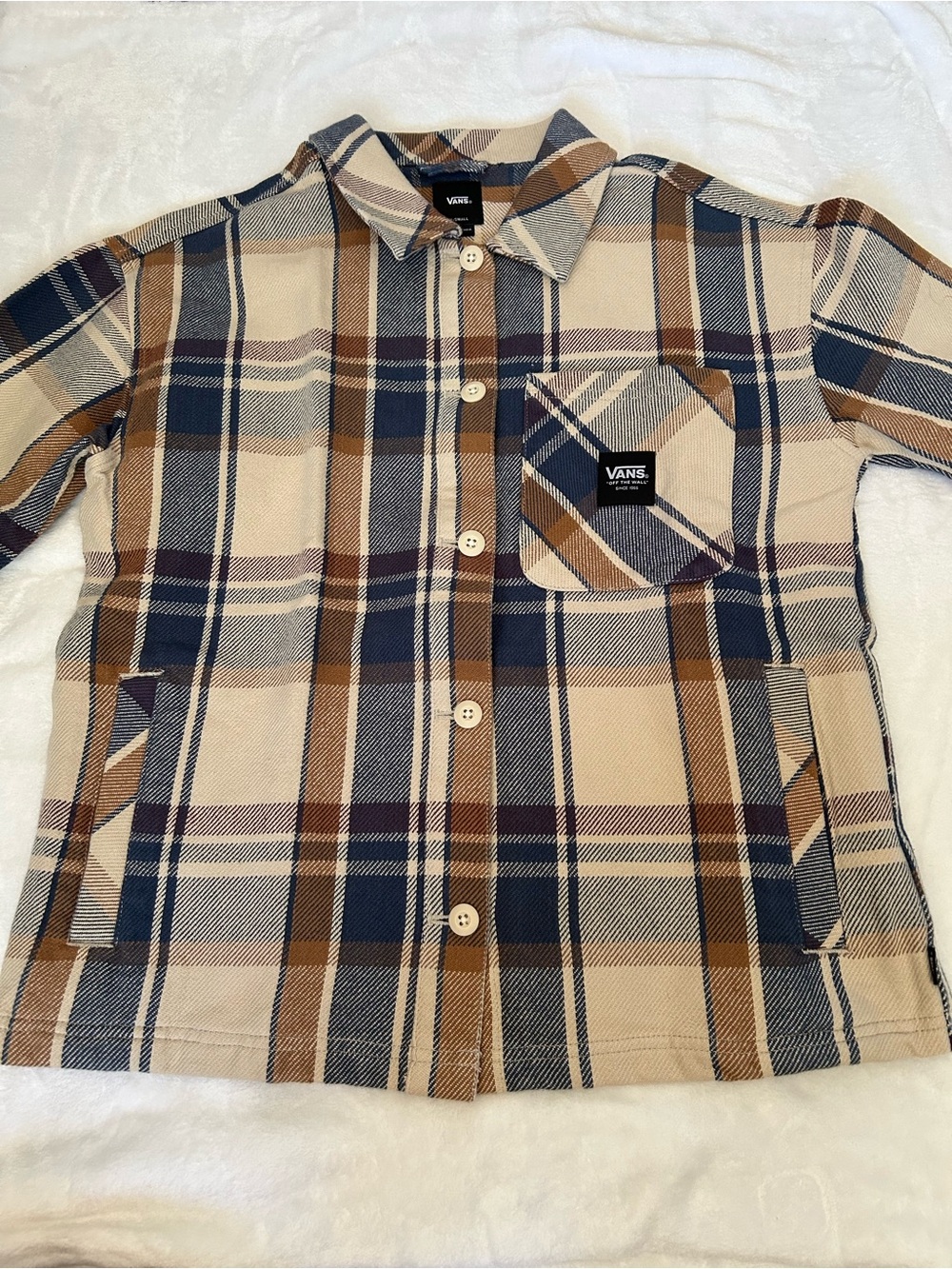 Vans Beige Navy Brown Plaid Casual Button-Down Shirt